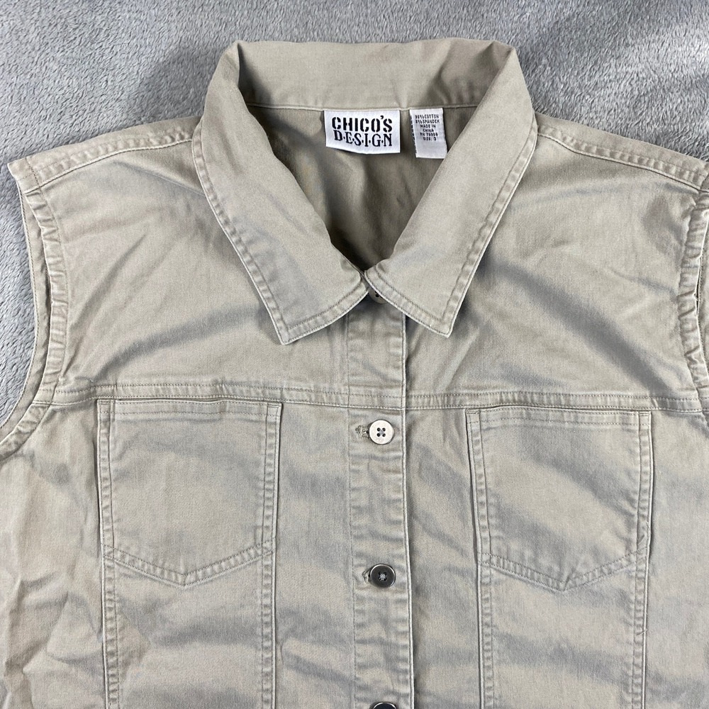 Chicos Design Vest Womens 3 Tan Button Cotton Stretch Utility Safari Layering - Picture 3 of 7